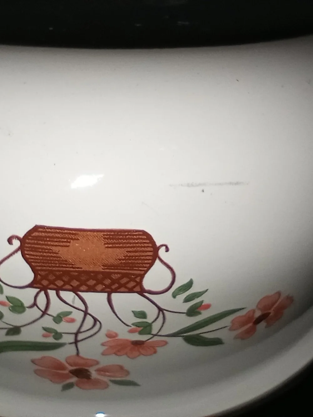 Cream Enamel Saucepan with Orange Floral Motif and Brown Handle